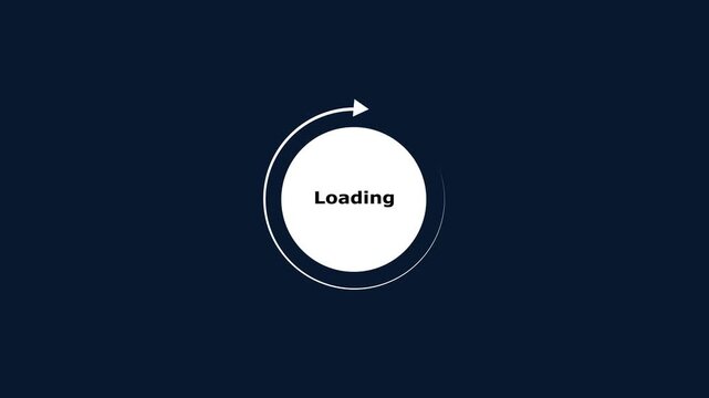 Loading graphic animation displays a rotating arrow with status text. System software buffering progress updates on this loading graphic. Digital user interface waiting verification runs on graphic.