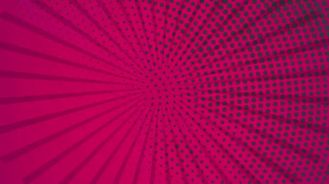 Abstract comic book background with pink radial sunburst lines and dark halftone dot pattern