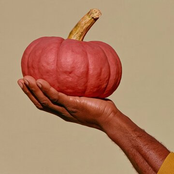 Orange pumpkin held in a dark skinned hand against a muted taupe background, featuring hard lighting for an autumn harvest mockup