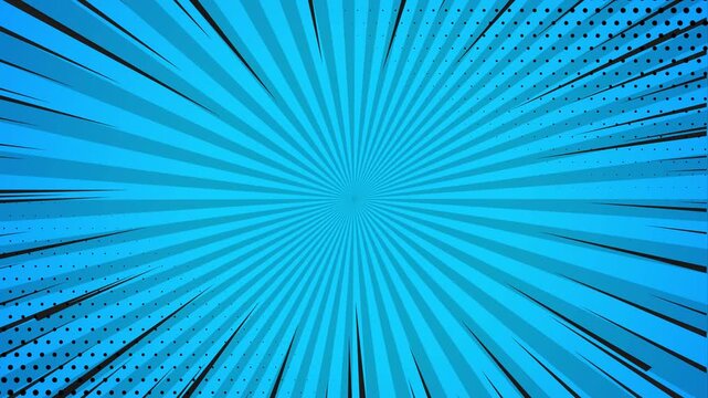 Blue comic book style background with radial speed lines and halftone dot patterns for graphic design