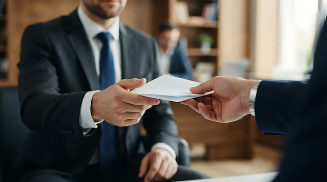 Professional businessman receiving white envelope in office, corporate bribe or bonus payment concept, hands passing secret document