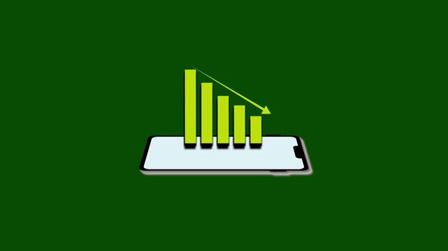 Bar chart animation displays a downward trending graph on a phone. Mobile financial market loss reflects on this active bar chart. Negative economic investment data marks the mobile bar chart.
