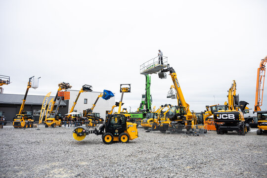 09.11.2026 - Lviv, Ukraine: JCB construction machinery displayed at a construction equipment exhibition, showcasing heavy machinery, excavators and industrial equipment 
