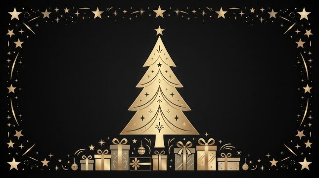 Golden Christmas tree with gifts during festive season against a black background