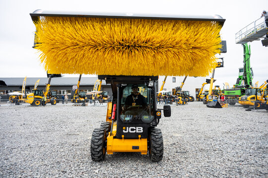 09.11.2026 - Lviv, Ukraine: JCB construction machinery displayed at a construction equipment exhibition, showcasing heavy machinery, excavators and industrial equipment 