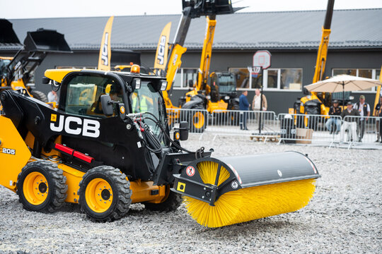 09.11.2026 - Lviv, Ukraine: JCB construction machinery displayed at a construction equipment exhibition, showcasing heavy machinery, excavators and industrial equipment 
