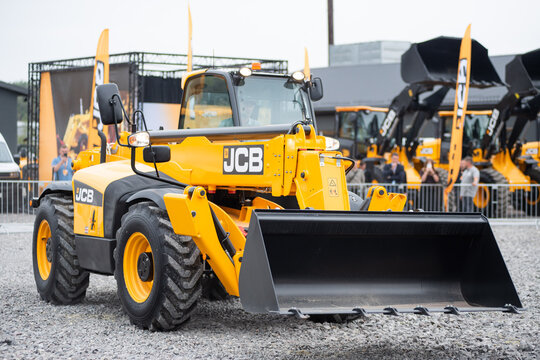 09.11.2026 - Lviv, Ukraine: JCB construction machinery displayed at a construction equipment exhibition, showcasing heavy machinery, excavators and industrial equipment 