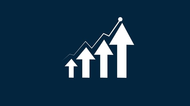Bar graph animation rises with an upward arrow and growth line. Corporate business revenue success tracks on the active bar graph. Profitable economic investment data drives the rising bar graph.