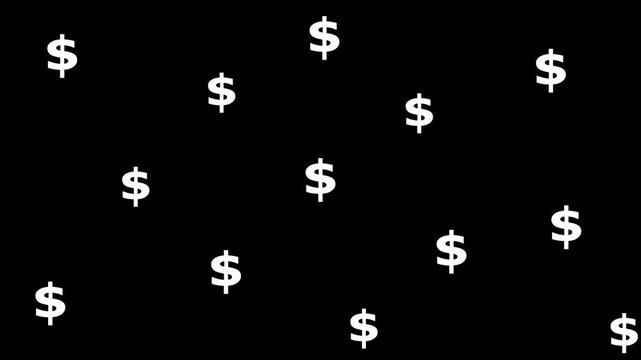 Dollar signs animation scatters currency symbols on pitch black. Financial wealth accumulation prosperity builds around dollar signs. Monetary banking investment returns reflect on the dollar signs.