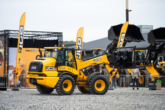 09.11.2026 - Lviv, Ukraine: JCB construction machinery displayed at a construction equipment exhibition, showcasing heavy machinery, excavators and industrial equipment 