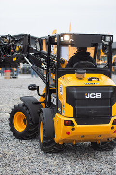 09.11.2026 - Lviv, Ukraine: JCB construction machinery displayed at a construction equipment exhibition, showcasing heavy machinery, excavators and industrial equipment 