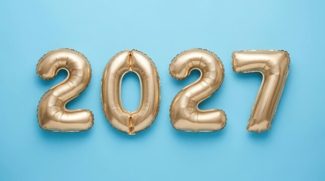Golden 2027 balloons floating against a bright blue studio background celebrating the new year