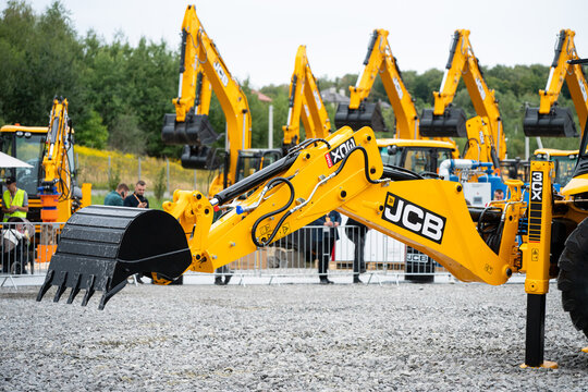 09.11.2026 - Lviv, Ukraine: JCB construction machinery displayed at a construction equipment exhibition, showcasing heavy machinery, excavators and industrial equipment 