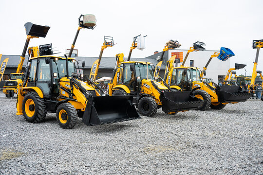 09.11.2026 - Lviv, Ukraine: JCB construction machinery displayed at a construction equipment exhibition, showcasing heavy machinery, excavators and industrial equipment 
