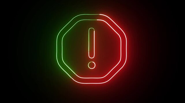 Glowing neon exclamation mark inside an octagonal warning symbol a sign shaped