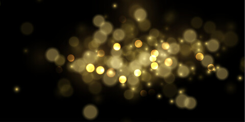 Fototapeta premium A cluster of warm golden bokeh lights softly glowing on a dark background. The lights vary in size and intensity, creating a dreamy, scattered effect. This image is ideal for festive or.