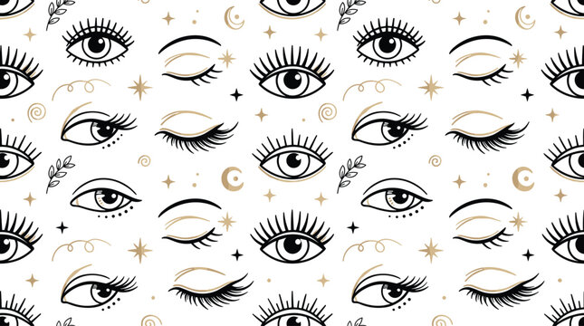 Seamless Mystical Evil Eye Pattern with Celestial Moon and Stars Magic Eyelashes and Boho Hand Drawn Mystic Symbols for Wallpaper Background Textiles