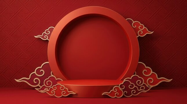 Chinese podium stage with ornate clouds during festive celebration with dramatic lighting