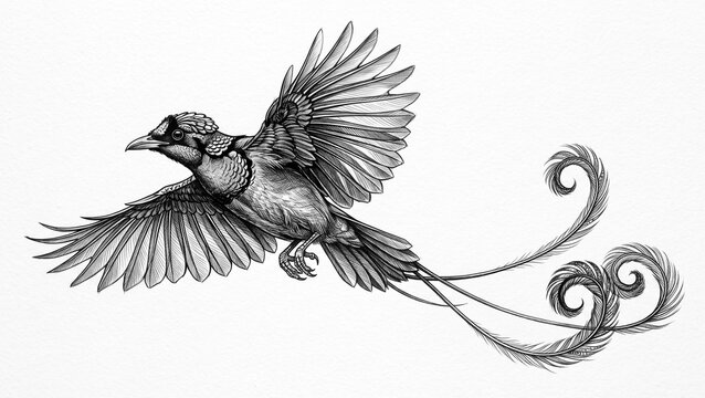 Exotic paradise bird drawing with long decorative curly tail feathers for creative art project.