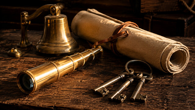 An arrangement of vintage items including keys, a telescope, and parchment scrolls.