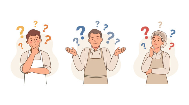 Confused Chefs and Waitstaff with Question Marks Overhead, Facing Dilemmas in Food Service Industry