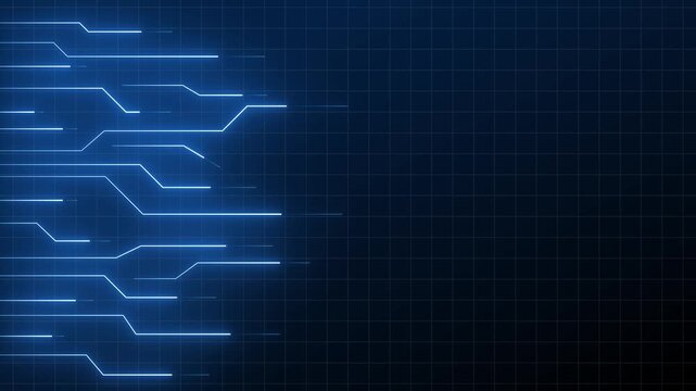 Circuit board pattern animation displays interconnected lines on grid. High performance computer processor hardware runs the pattern. Electronic motherboard networking drives the circuit board pattern