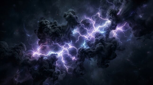 IA generated dramatic purple lightning bolts striking through dark storm clouds in a night sky.