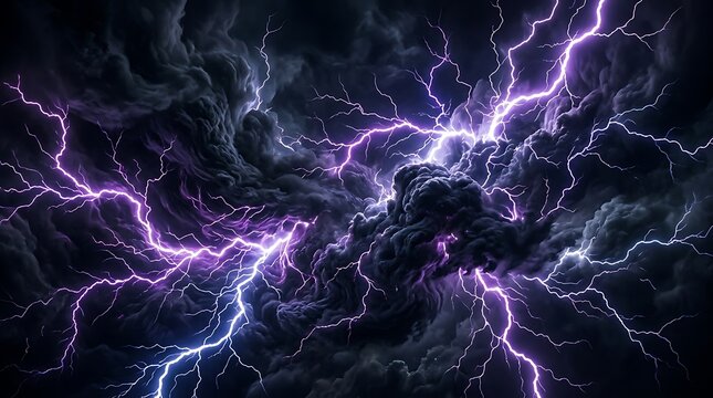 IA generated dramatic purple lightning bolts striking through dark storm clouds in a night sky.