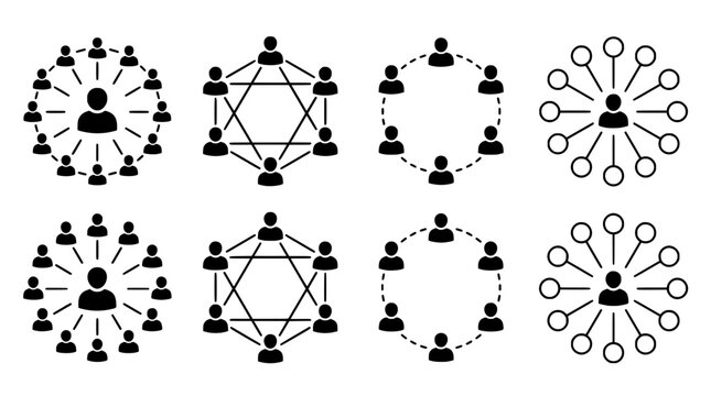 Network diagrams depicting human connections and relationships black silhouettes