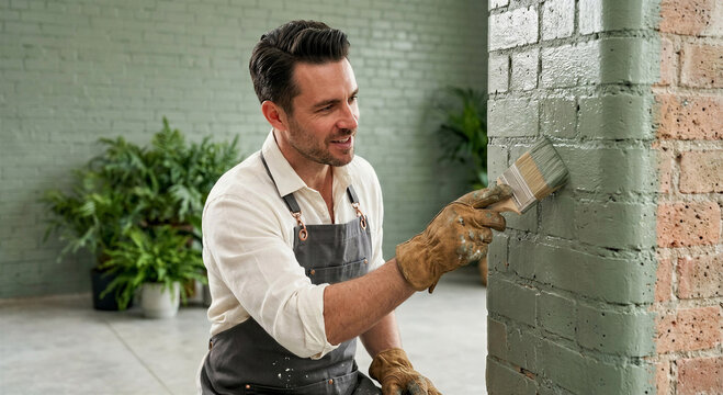 Man paints a brick surface with a brush in a modern interior. Renovation work refreshes masonry and adds a clean decorative finish to the space