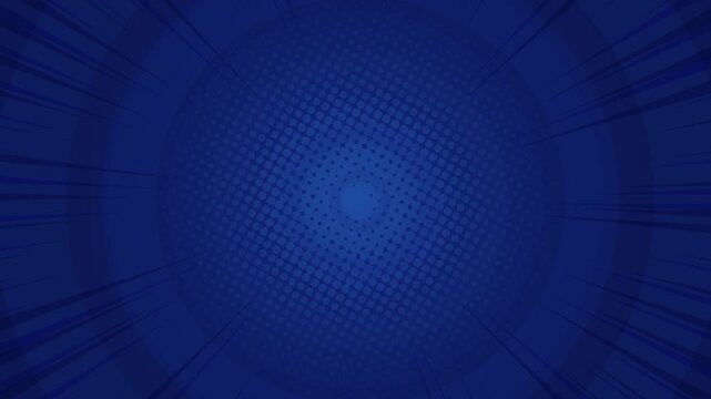 Dark blue comic book style background with radial speed lines and a central halftone dot pattern