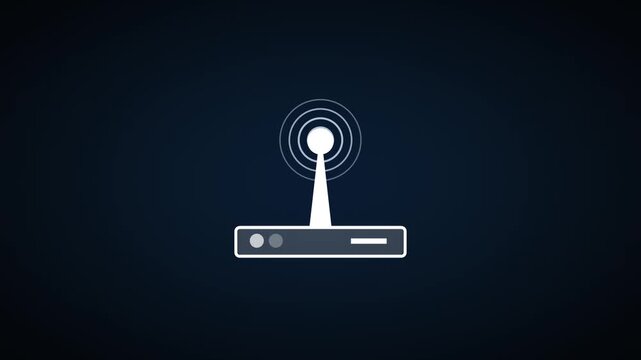 Wireless router animation radiates high speed wireless signal waves. Broadband internet telecommunications route through wireless router. Digital network connectivity access confirms on the router.