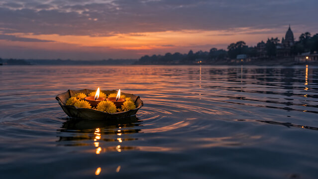 Two floating diyas with yellow flowers on calm river during sunset symbolizing pitru paksha remembrance and durga puja devotional traditions in india