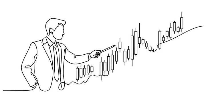 Continuous single line drawing of a businessman in a suit pointing at a rising financial stock market candle stick chart graph isolated on transparent background