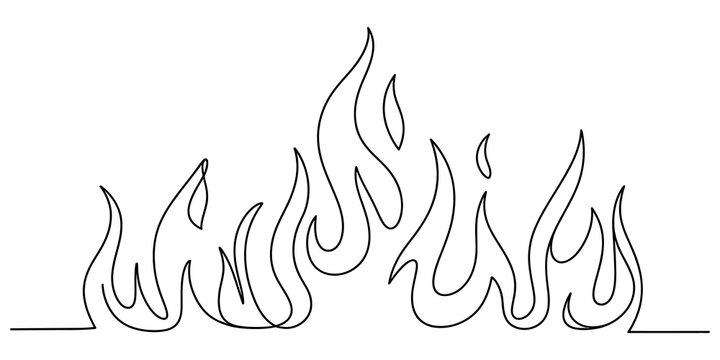 Continuous single line drawing of a fire flame icon showing a simple black outline of burning hot flames for creative design isolated on transparent background