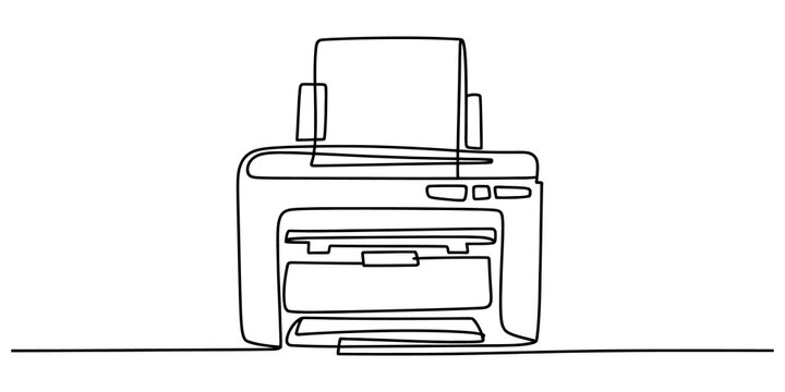 A continuous single line drawing of an office printer machine for printing documents and paperwork in a simple black ink style isolated on transparent background