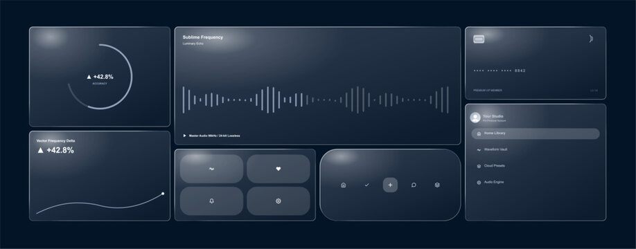 Dark Mode Glassmorphism UI UX Dashboard Template Vector with Charts and Widgets