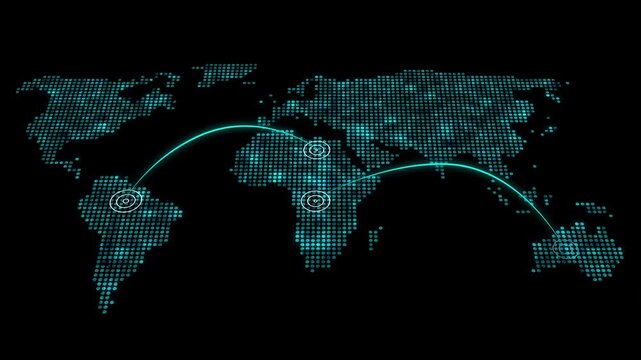 World map animation displays interconnected global network nodes. Worldwide telecommunication telemetry routes across the world map. International cyber data infrastructure powers the world map.