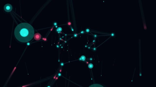 Abstract digital network background with glowing blue and red circles connected by thin lines in dark space 4k Motion Video