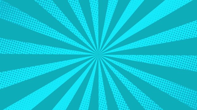Blue comic book style sunburst background with halftone dot pattern and radial rays
