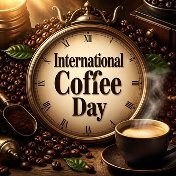 International coffee day poster with antique clock roasted beans and warm brown steam mug design