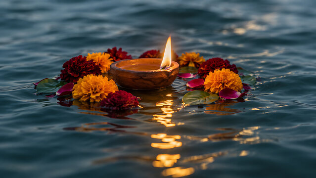 Floating diya with marigold flowers on sacred river water symbolizing pitru paksha remembrance and durga puja spiritual rituals at twilight in india