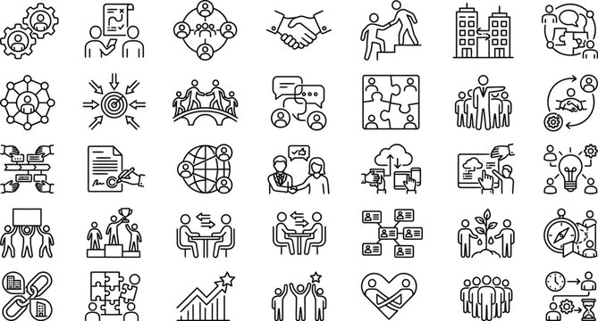 Business management and team collaboration line icons with collaboration symbols