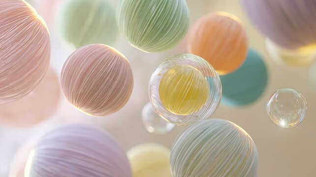 Floating pastel spheres of various sizes arranged in a soft focus composition