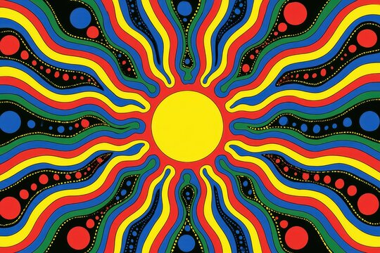 Vibrant abstract sunburst pattern with geometric swirls and bright central core