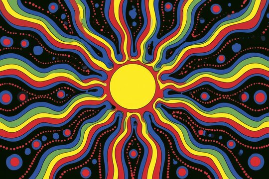Vibrant abstract sunburst graphic with geometric patterns radiating from central core