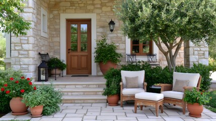 Obraz premium Inviting outdoor patio with garden furniture and stone house facade
