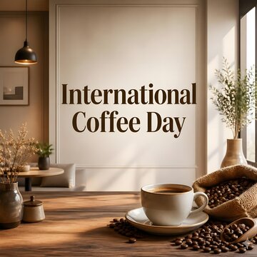 Minimalist international coffee day poster featuring white cup with beans on wooden table surface