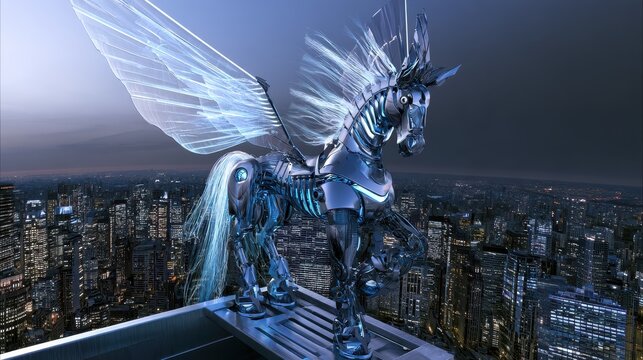 Futuristic robotic pegasus with chrome body perched atop modern city skyline at dusk