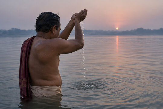 Devotee performing pitru paksha water offering in sacred river at sunrise honoring ancestors during spiritual preparation for durga puja festival traditions worship